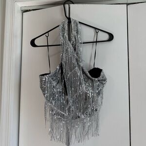 Zara Silver Sequin Fringe Halter Party Top